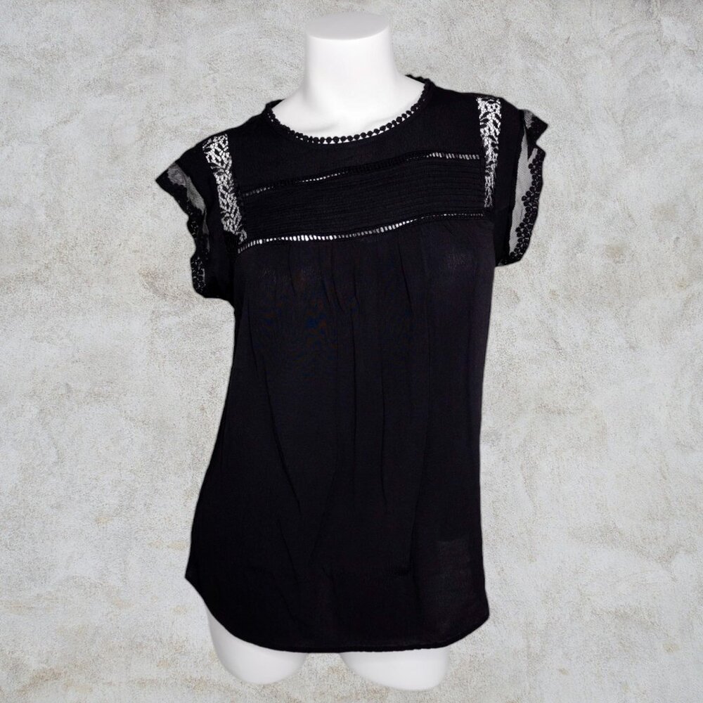 Danielrainn Black Lacy Short Sleeves Women's Girl's Blouse Ties in Back
